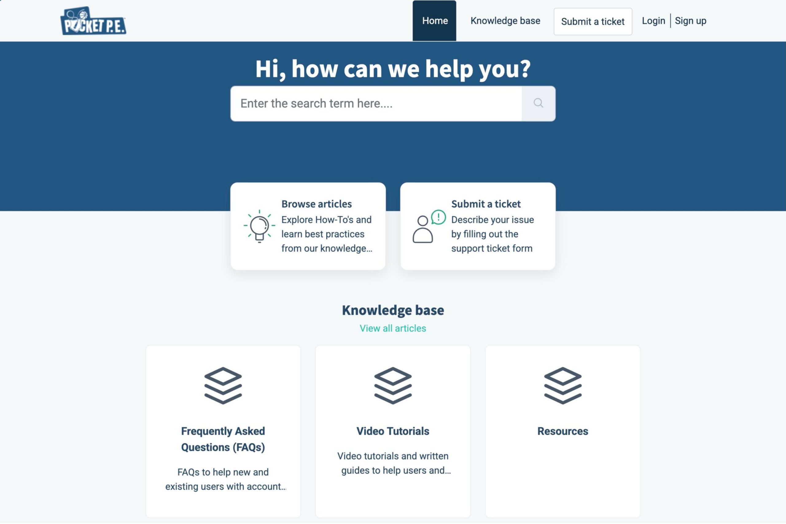 Dark blue hero: 'Hi, how can we help you?' with a search bar and two cards: Browse articles and Submit a ticket.