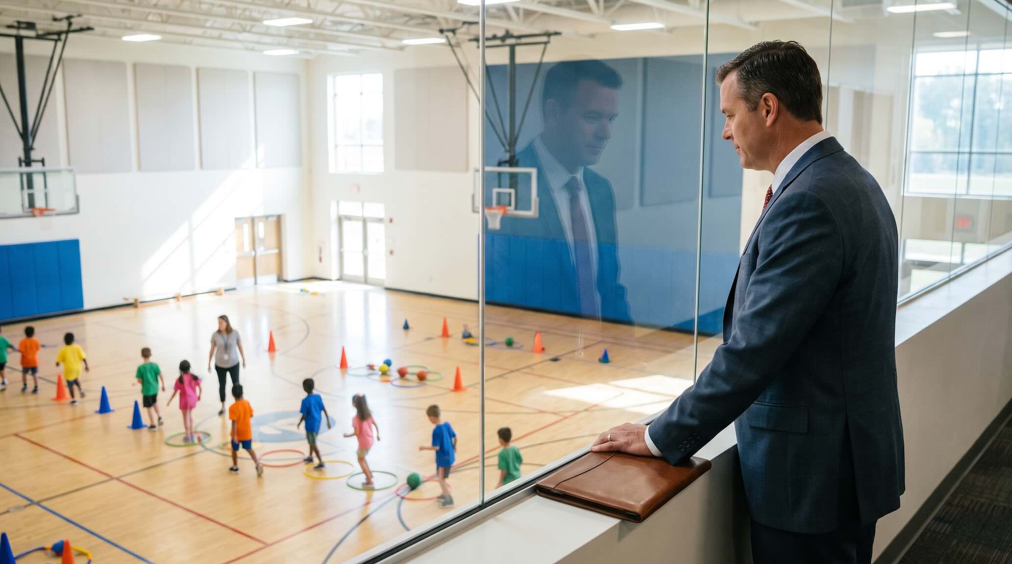 Man in a dark suit stands at a balcony railing, looking down at a school gym where children play during a activity session.